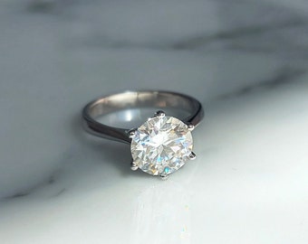 2CT Round Moissanite Engagement Ring, 925 Sterling Silver, 6 Prong Setting