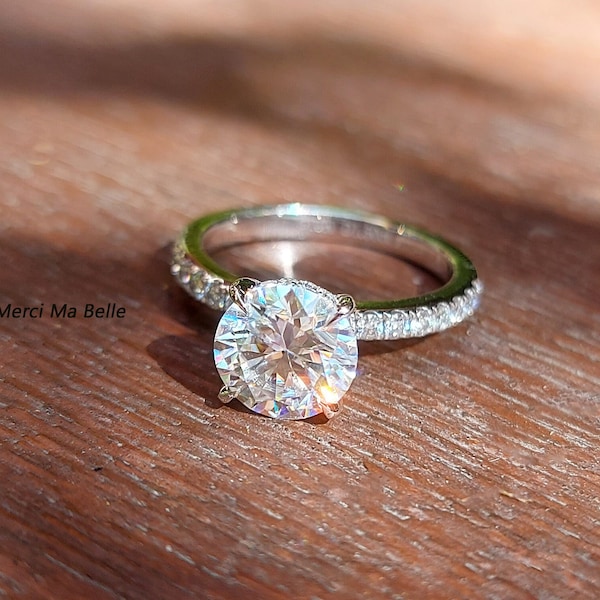 2CT Moissanite Hidden Halo Pave Ring / Petite Pave Round Moissanite Engagement Ring/ 1.5CT Moissanite Solid Gold Moissanite Engagement Ring