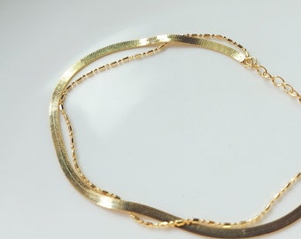 Double Layer Snake Chain Bracelet / Flat Snake Layer Chain Bracelet / 18K Gold Plated Chain Bracelet / 925 Sterling Silver Bracelet