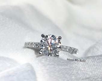1CT Round Moissanite Engagement Ring, Petite Pave, Platinum Plated