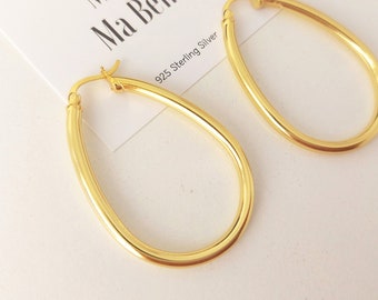 Waterdrop Large Hoop Earrings / Gold Teardrop Hoop Earrings / 925 Sterling Silver Large Hoop Earrings / 18ct Gold Plated Tube Hoop Earrings