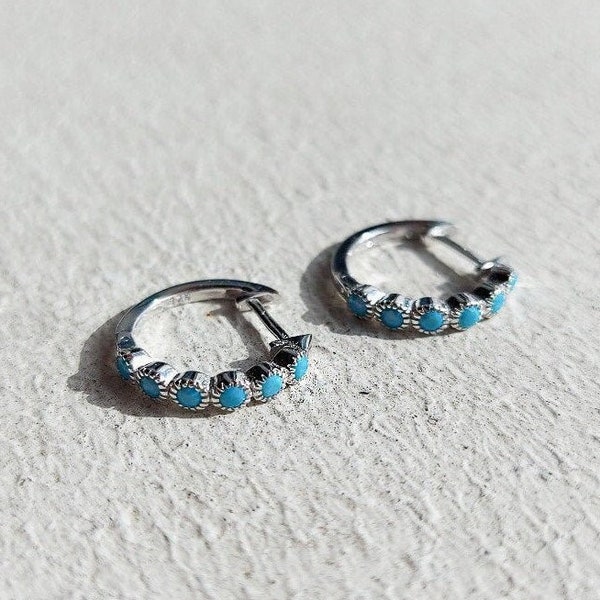 Turquoise Hoop Earrings, Turquoise Huggie Earrings, 925 Sterling Silver Huggie, Dainty Hoop Earrings, Small Hoop Earrings (As a pair)