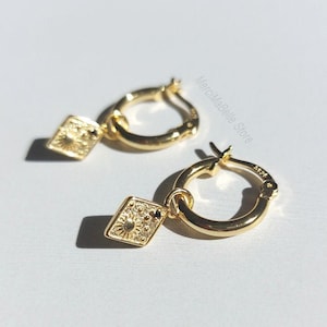 Gold Celestial Earrings, 925 Sterling silver Earrings, Gold Charm Hoop Earrings, Gold Sun Earrings, Gold Hoops