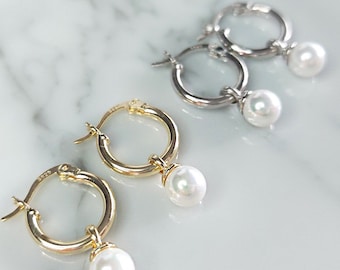 Dainty Pearl Drop Earrings, Dangling Pearl Hoop Earrings, Mini Pearl Hoop Earrings, Minimalist Jewellery