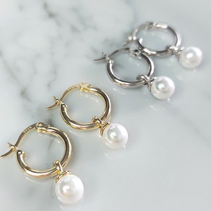 Dainty Pearl Drop Earrings, Dangling Pearl Hoop Earrings, Mini Pearl Hoop Earrings, Minimalist Jewellery image 1