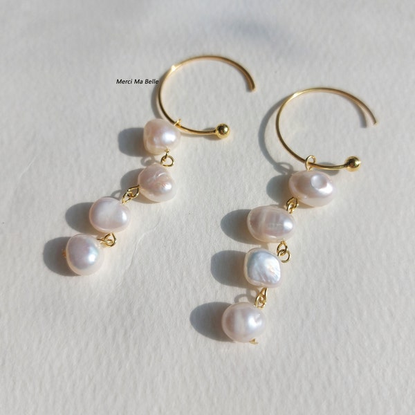 Natural Freshwater Pearl Drop Earrings/ 18ct Gold Plated Pearl Drop Earrings/ 925 Sterling Silver Pearl Earrings/ Bridal Earrings