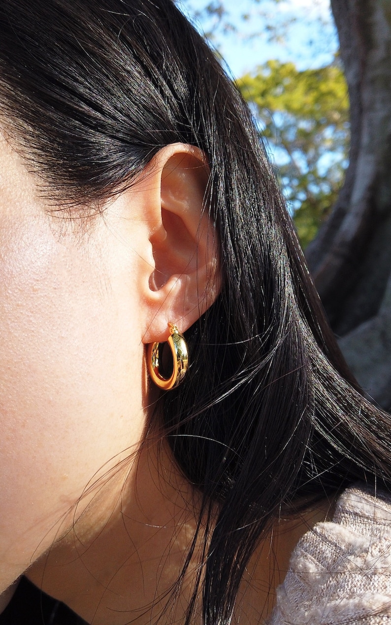 Chunky Gold Hoop Earrings, 925 Sterling Silver Thick Hoop Earrings, 18K Gold Plated Hoop Earrings image 1