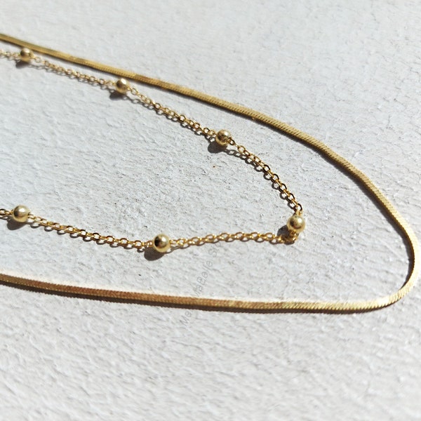 Gold Double Layered Necklace, 925S Silver Necklace, 18K Gold Plated Layering Necklace, Minimalist Jewellery