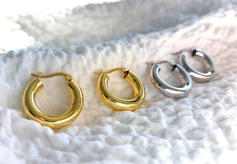 Chunky Gold Hoop Earrings, 925 Sterling Silver Thick Hoop Earrings, 18K Gold Plated Hoop Earrings image 2