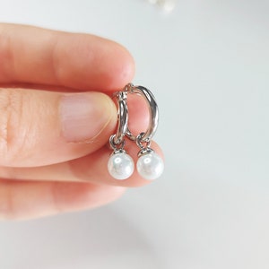 Dainty Pearl Drop Earrings, Dangling Pearl Hoop Earrings, Mini Pearl Hoop Earrings, Minimalist Jewellery image 5