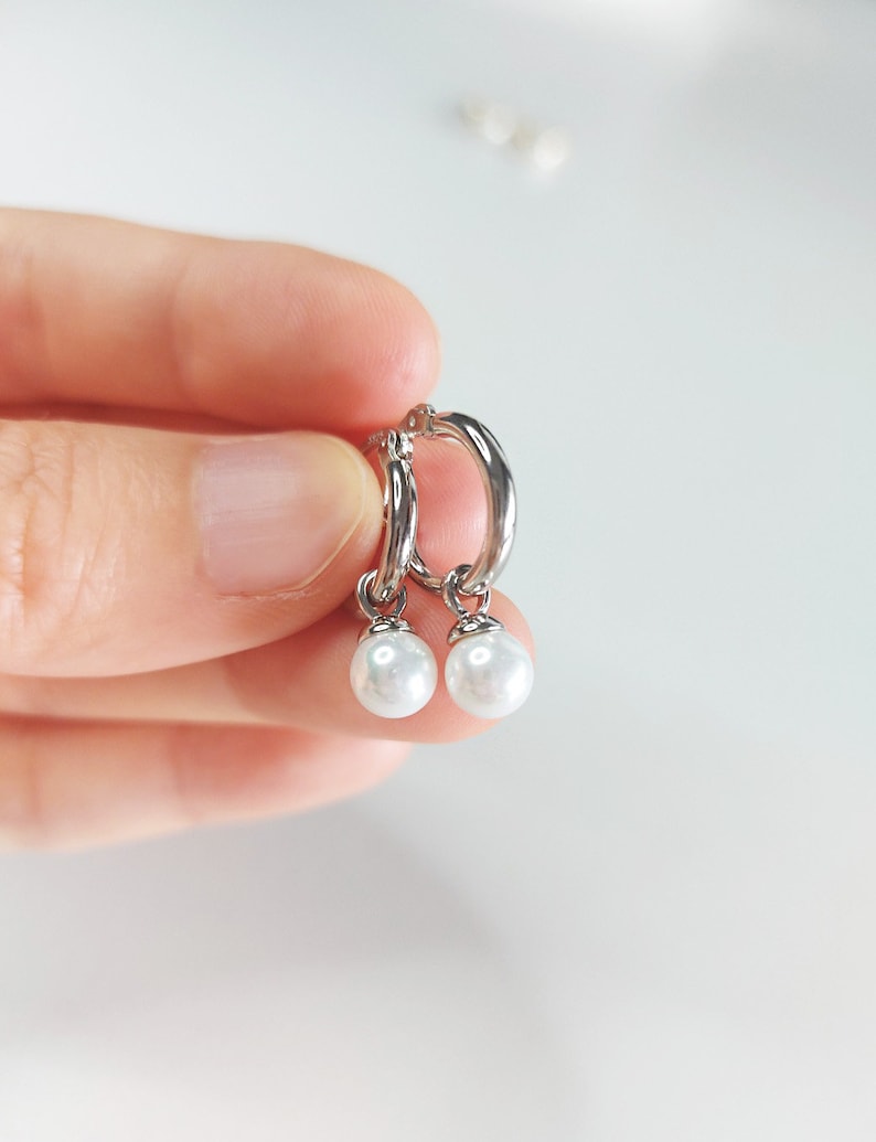 Dainty Pearl Drop Earrings, Dangling Pearl Hoop Earrings, Mini Pearl Hoop Earrings, Minimalist Jewellery image 5