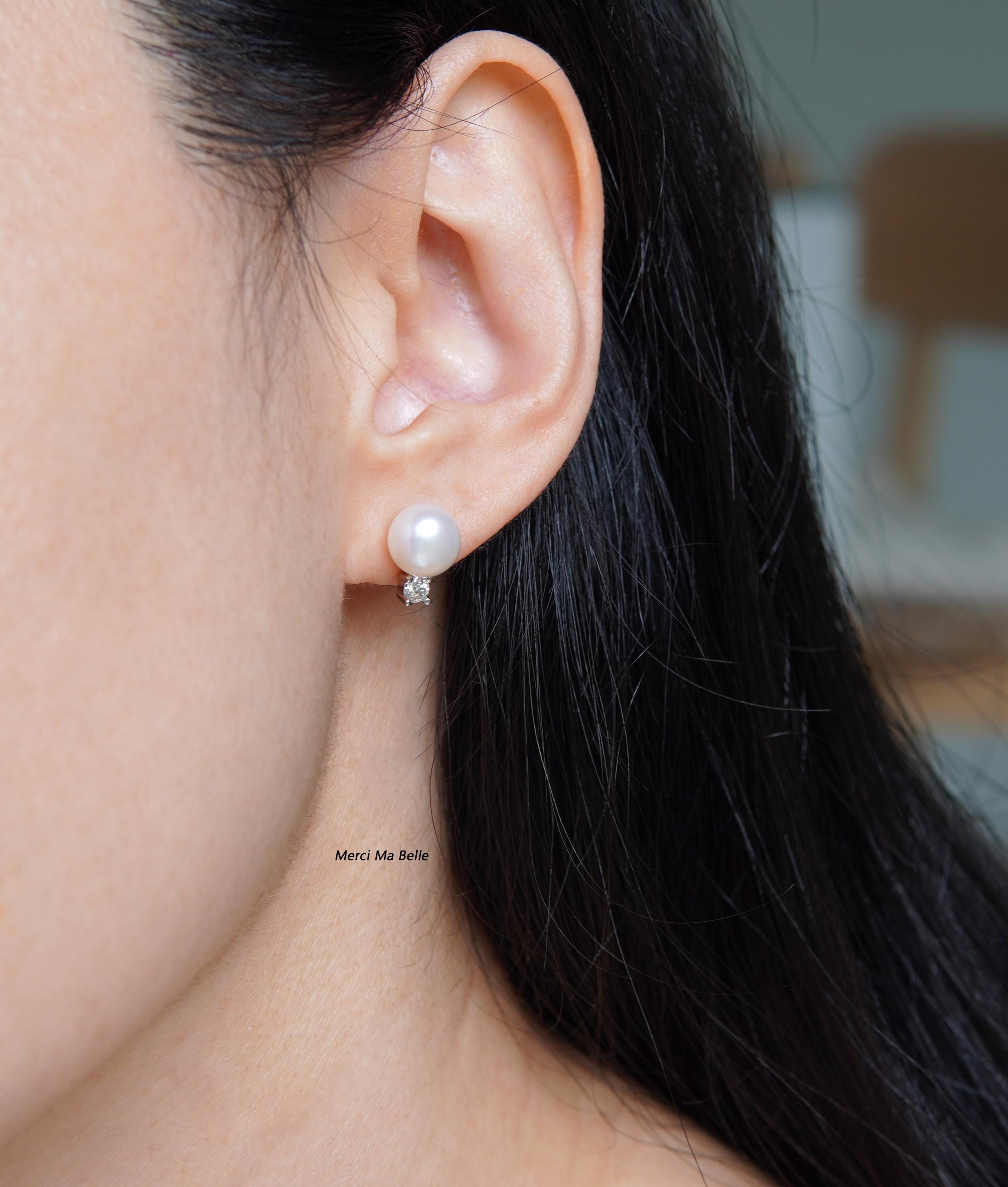 Pearl and Moissanite Stud Earrings/ Freshwater Pearl and Round