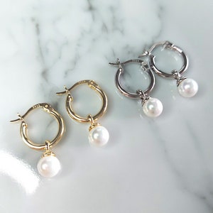 Dainty Pearl Drop Earrings, Dangling Pearl Hoop Earrings, Mini Pearl Hoop Earrings, Minimalist Jewellery image 4