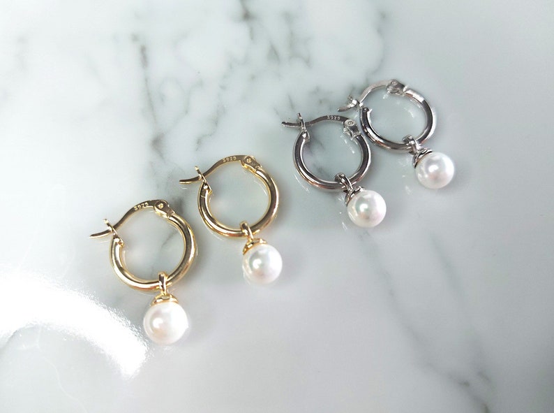 Dainty Pearl Drop Earrings, Dangling Pearl Hoop Earrings, Mini Pearl Hoop Earrings, Minimalist Jewellery image 4