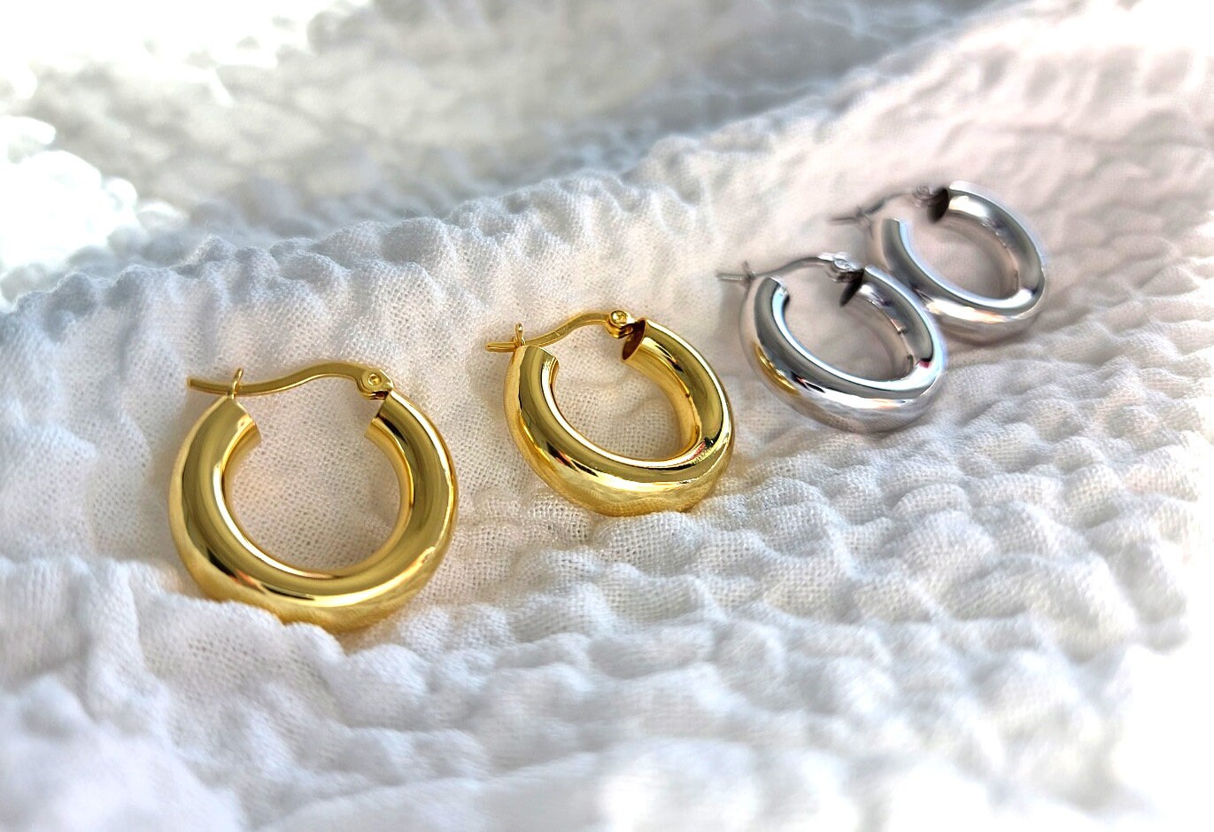 Chunky Gold Hoop Earrings, 925 Sterling Silver Thick Hoop