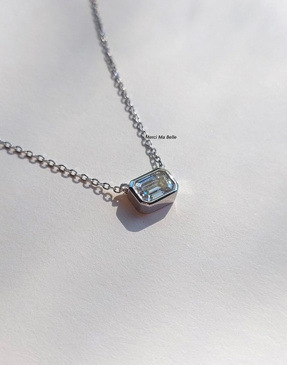 1CT Emerald Cut Moissanite Necklace, Sterling Silver Bezel Setting