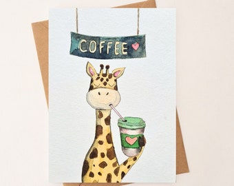 Giraffe with Coffee Greeting card / Cute  Watercolor illustration / Aesthetic Card