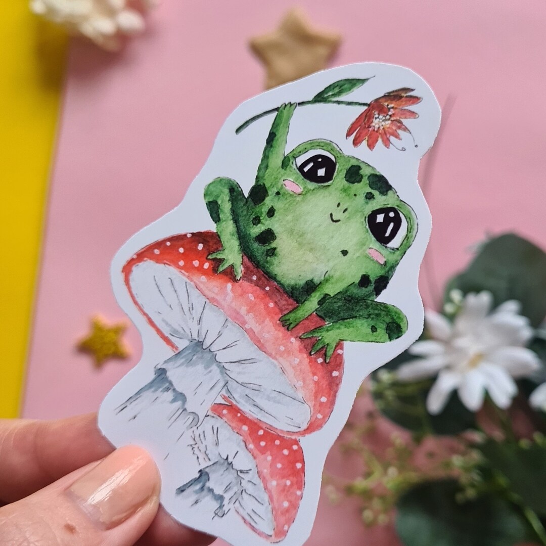 Cute Frog on Musroom Vinyl Sticker Cute Aesthetic Waterproof Durable ...