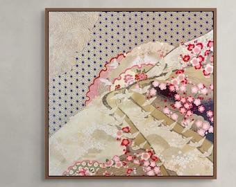 Japanese Crane River Art Print, Chiyogami Landscape, Navy Gold Japandi Giclée.