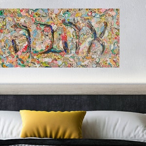 Hebrew Love Sign - Large Collage artwork on self-adhesive print, Israeli art with the word love in Hebrew-Renter-friendly bedroom wall decor