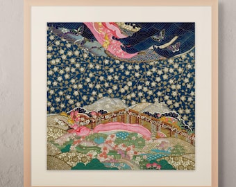 Japanese Night Landscape Art Print, Chiyogami Cityscape, Navy Gold Giclée Fine Art.