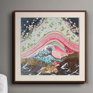 Japanese Wave Art Print, Cherry Blossom Chiyogami Landscape, Giclée Fine Art image 1