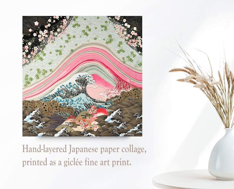 Japanese Wave Art Print, Cherry Blossom Chiyogami Landscape, Giclée Fine Art image 7