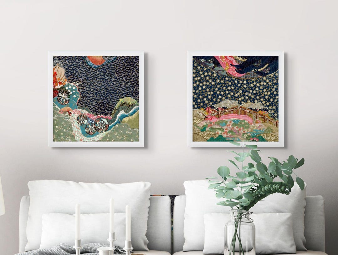 Japanese Wall Art Set of 2, Blue and Gold Landscape Japandi Decor ...