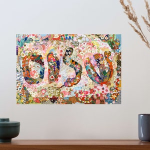 Shalom Judaica Art -Original handmade collage artwork on self-adhesive print, colorful Israeli Wall Decor with the word "peace" in Hebrew.