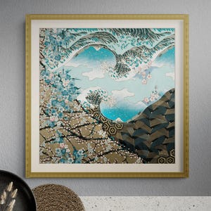 Wave Japanese Paper Collage Print, Hokusai Inspired Cherry Blossom Wall Art