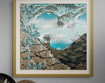 Hokusai Inspired Wave Art Print, Cherry Blossom Chiyogami Collage, Japanese Giclée.
