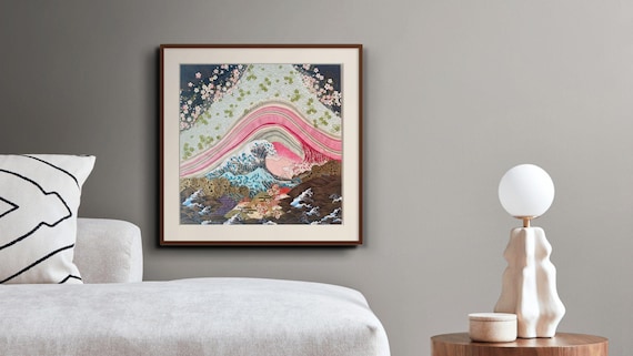 Japanese Wave Art Print, Cherry Blossom Ocean Wall Art, Japandi Landscape Decor, Bedroom Living Room Decor, Housewarming Gift