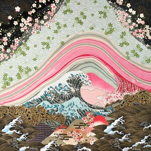 A vibrant, artistic depiction of a Japanese wave scene. The image features a large, curling wave in shades of blue and white, with a pink mountain in the background. Cherry blossoms and stylized waves fill the upper and lower sections.