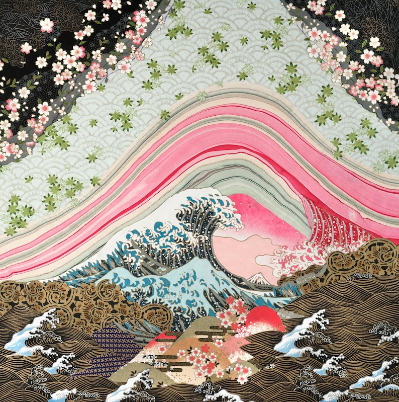 A vibrant, artistic depiction of a Japanese wave scene. The image features a large, curling wave in shades of blue and white, with a pink mountain in the background. Cherry blossoms and stylized waves fill the upper and lower sections.