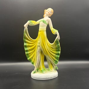 1930s Art Deco Porcelain Dancing Lady Figurine Model 8728 - German Thuringia? Hand-Painted Dancer Flapper in Yellow & Green Flowing Dress