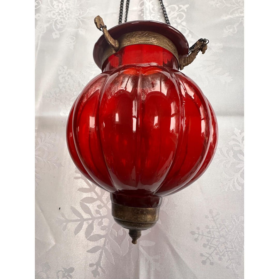 Vintage Red Hanging Candle Lamp Ornate Brass & Wine Ruby Glass Lantern ...