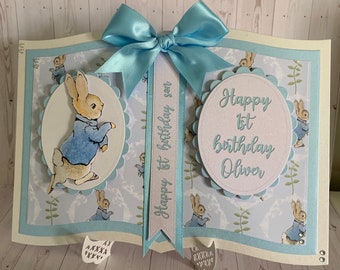 Handmade personalised Peter Rabbit book style card. 1st birthday. New baby. Card for son. Card for grandson.