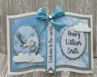 Handmade personalised New Baby boy arrival  card. With gift box. Stork carrying baby. For son. Grandson. Keepsake. Welcome to the world.