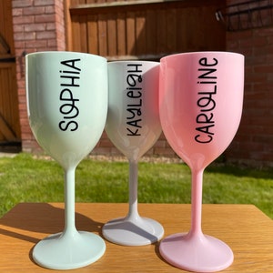 Personalised plastic wine glass. Pastel colours. Gift for him or her. Birthday. Hen Party
