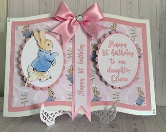 Handmade personalised Peter Rabbit card. New baby girl. First birthday. With gift box. Daughter. Granddaughter. Niece.