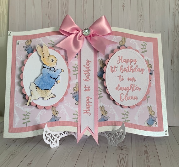 Handmade Personalised Peter Rabbit Card. New Baby Girl. First
