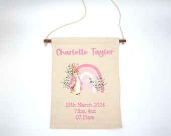 Personalised Bunny Rabbit New Baby Wall Hanging. Banner. Bunting. Wall Flag. Nursery Décor. Pennant.