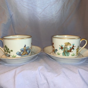 Fitz & Floyd Golden Promenade 2 Flat Tea Cups Mugs with 2 Saucers FF81 Made in Japan (Paper Sticker)