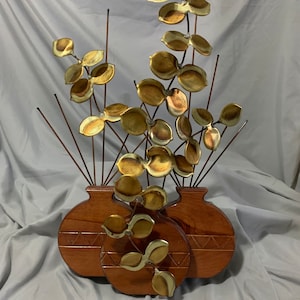 Wood and Brass Wall Hanging Vases Leaves and Stems Southwest style