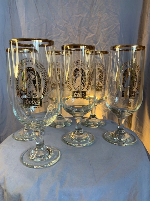 Retro Bar Glasses Set of 7 Coors Gold Rim and Logo Vintage stemmed