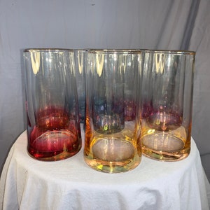 Vintage set of 8 Ombré Cranberry, Yellow, Blue, and Pink 10 oz Tumbler Drinking Glasses