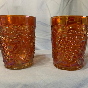 Imperial Glass 2 Drinking tumblers Iridescent Marigold Carnival Glass Grapes