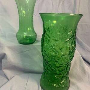 Vintage duo of Green Crinkle and Pebbled Vases 2 color matching vases