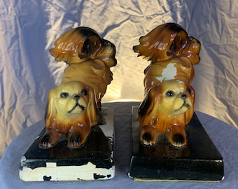 Pekingese Chalkware Bookends Set Puppy Dog