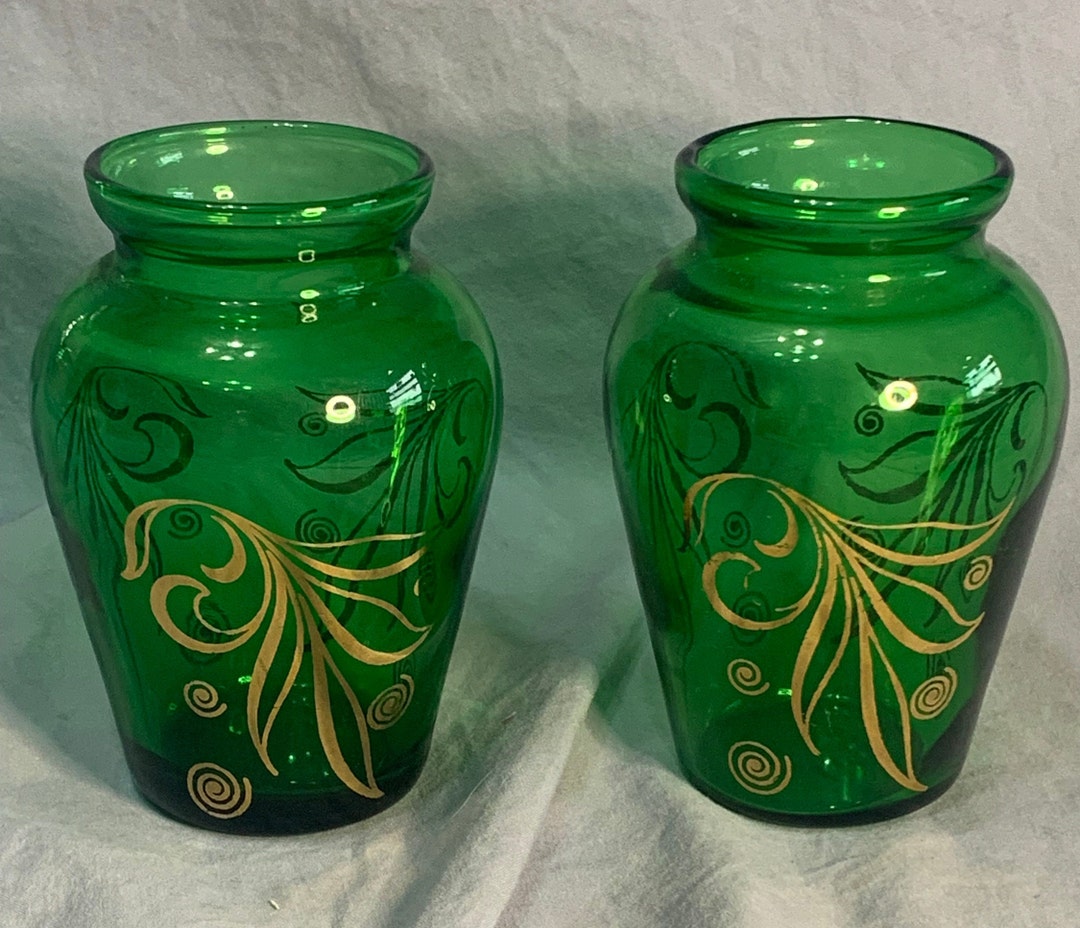 Midcentury Modern 2 Emerald Green and Gold Bud Vases Flower Vase - Etsy